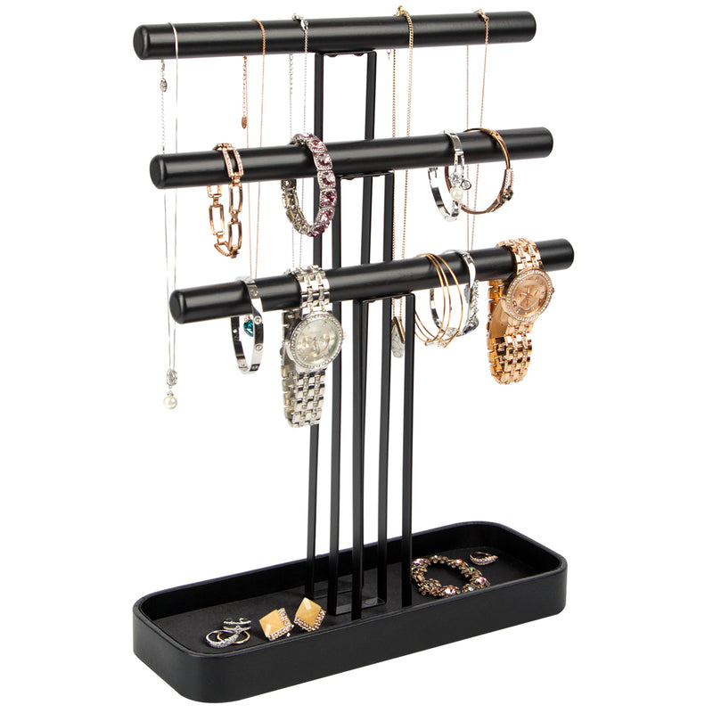 3 Tier Wood Jewelry Display Tree Stand with Leather Tray (Black)