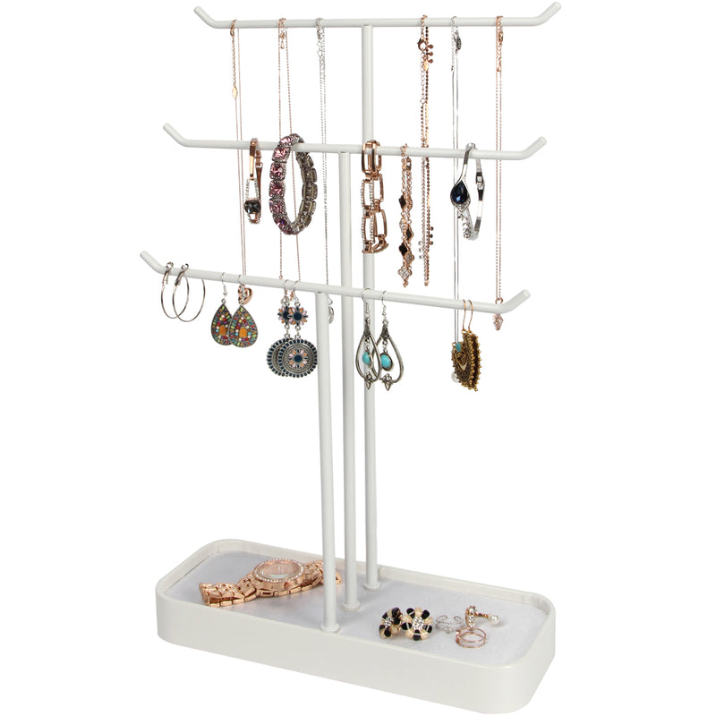 3 Tier White Metal Jewelry Display Treer Stand with Tray Storage
