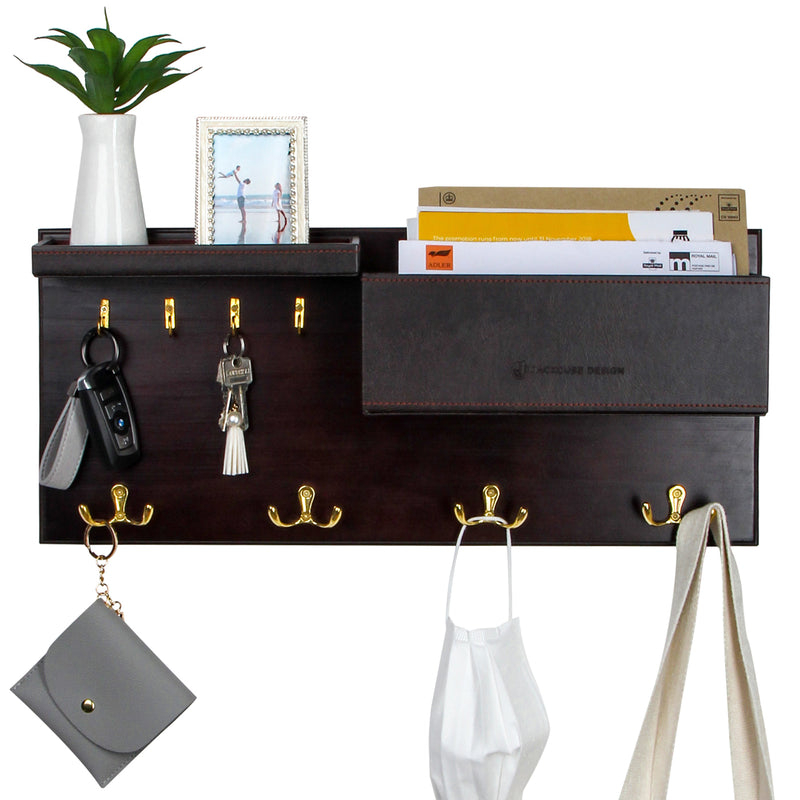 Entryway Coat Hanger with Key Hooks and Faux Brown Leather Shelf