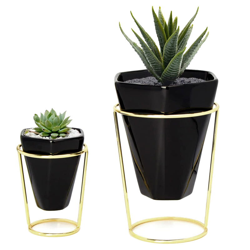 Set of 2 Black Modern Taletop Gold Metal Ceramic Plant Vase Stand
