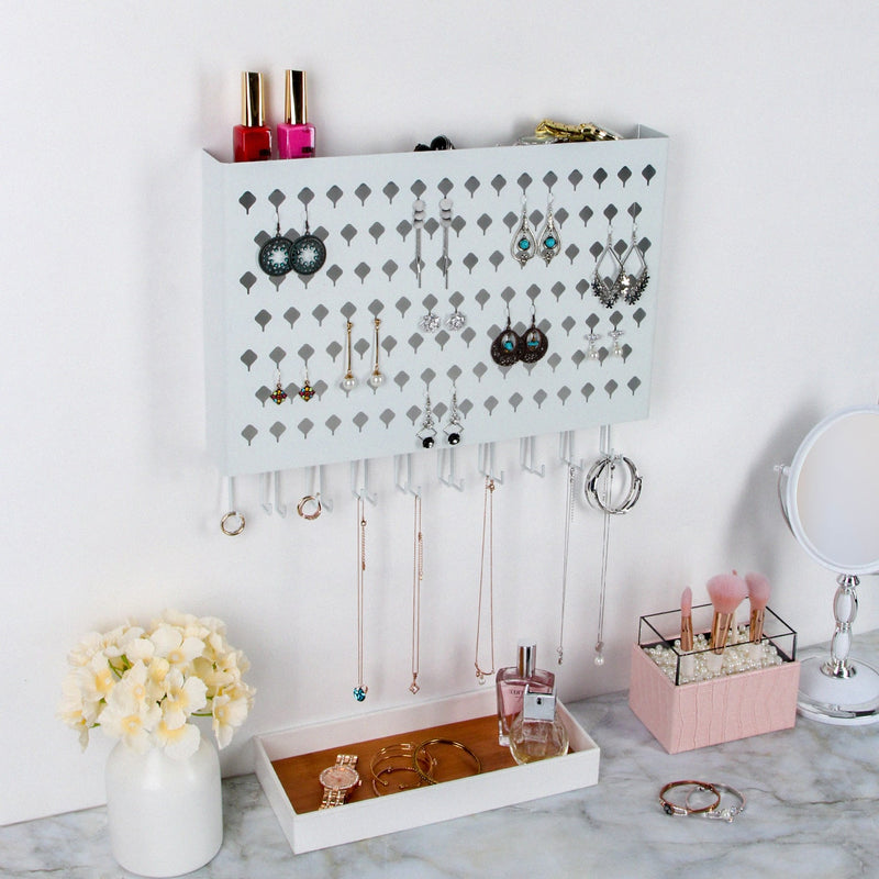 White Wall Mounted Jewelry Organizer Display with 109 Holes & 19 Hooks