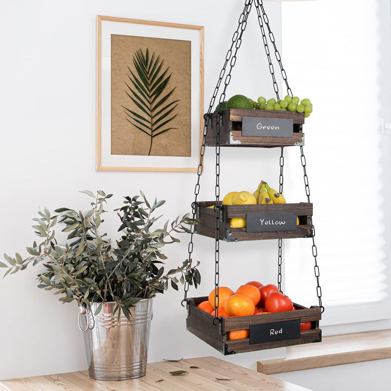3-Tier Rustic Wood Hanging Fruit Basket