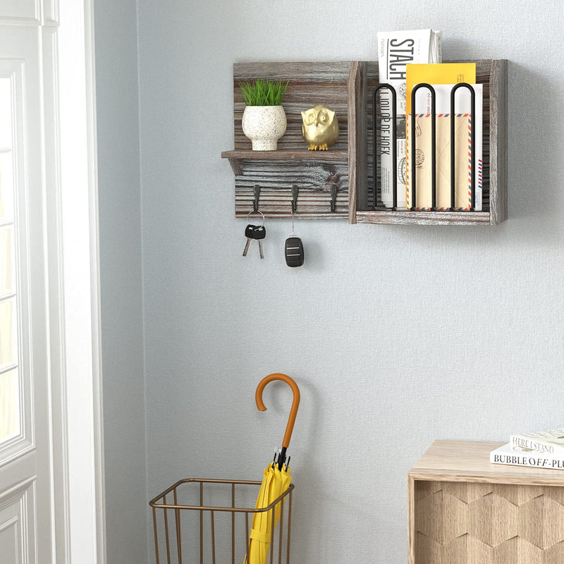 Rustic Wood Key and Mail Holder with 3 Hooks and Shelf