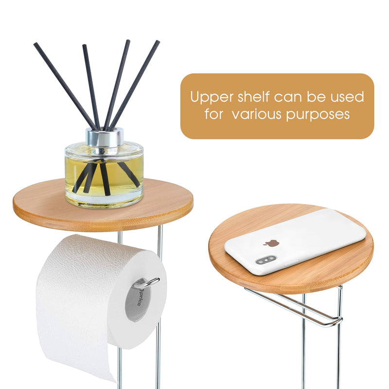 Toilet Paper Holder Stand with Bamboo Shelf