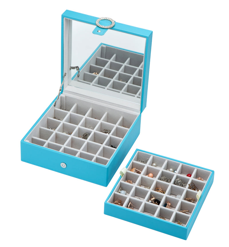 Blue Leather Earring Storage Box with 50 Comparments & Mirror Inside