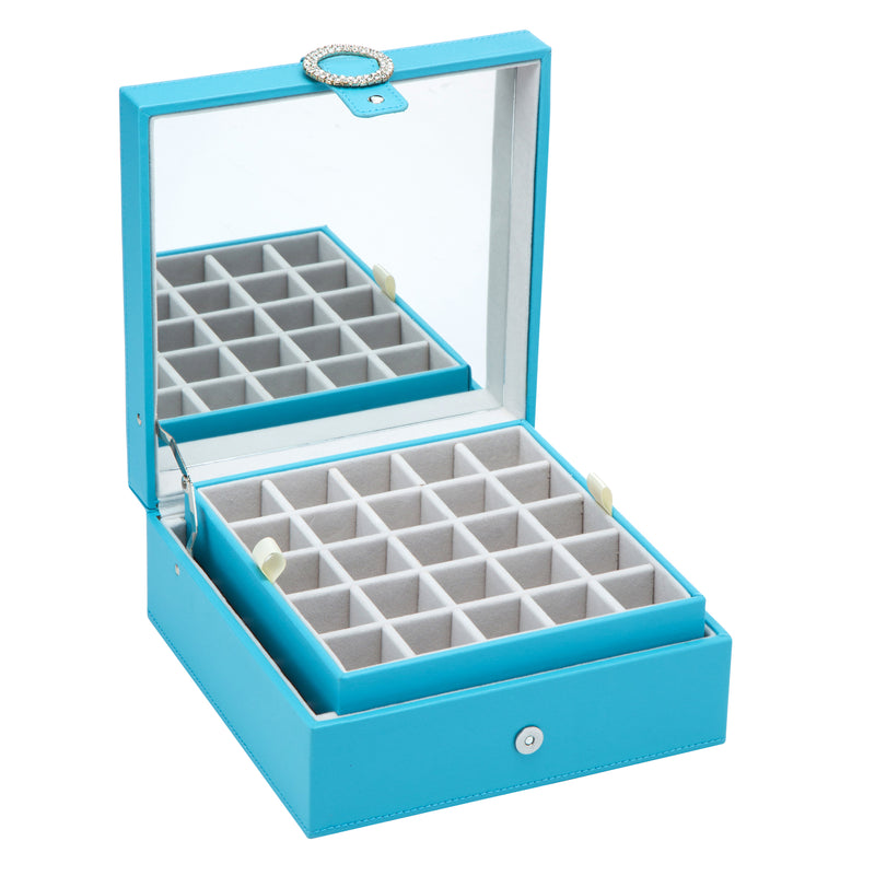 Blue Leather Earring Storage Box with 50 Comparments & Mirror Inside