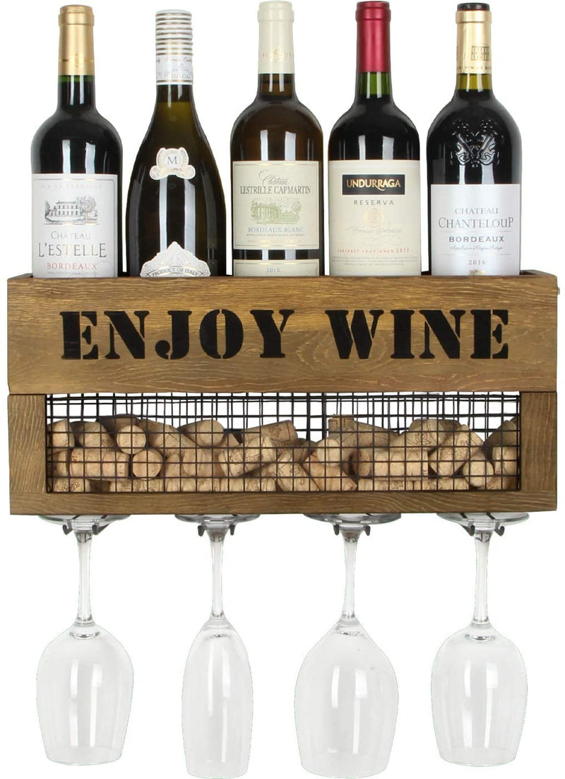 Wall Mount Metal and Wood Wine Bottle Rack with 4 Glass Holder