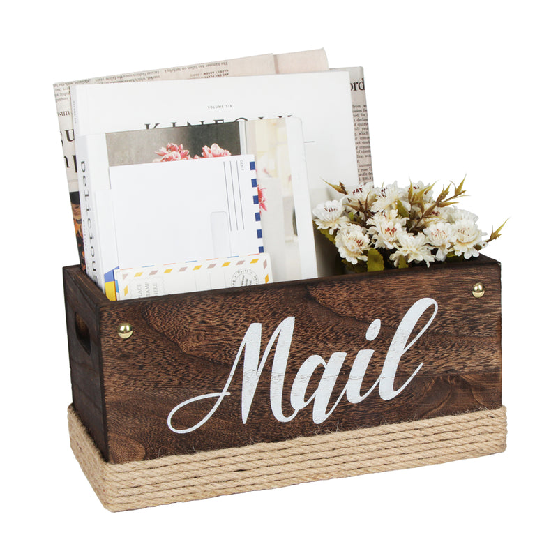 Rustic Torched Wooden Tabletop Mail Organizer Box for Entryways