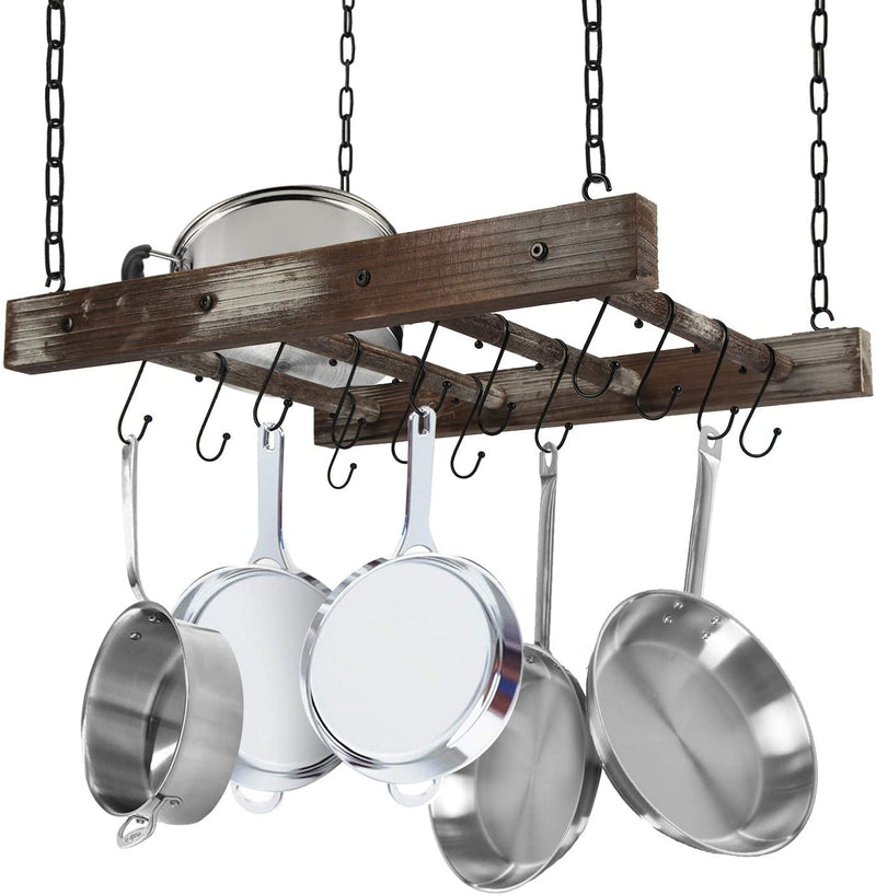 Rustic Wood Pot Pan Ceiling Rack with 16 Hooks