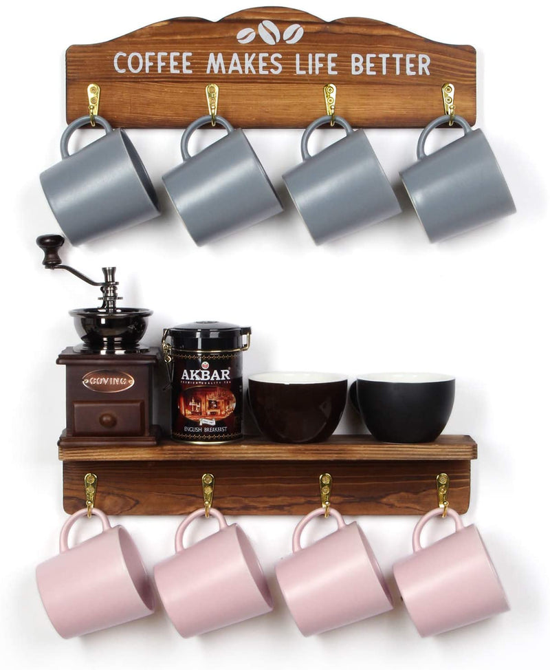 Set of 2 Wall Mount Coffee Mug Rack with 8 Gold Hooks and Shelf