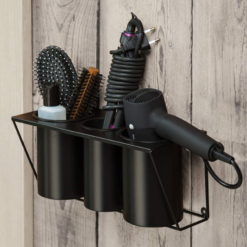 Wall Mount Black Hair Dryer Holder Stand with 3 Compartments