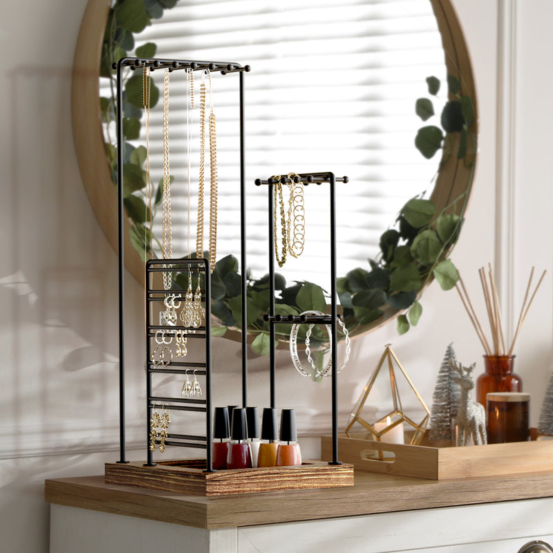 Jewelry Tree Organizer Display Stand (Black Metal with Rustic Tray)