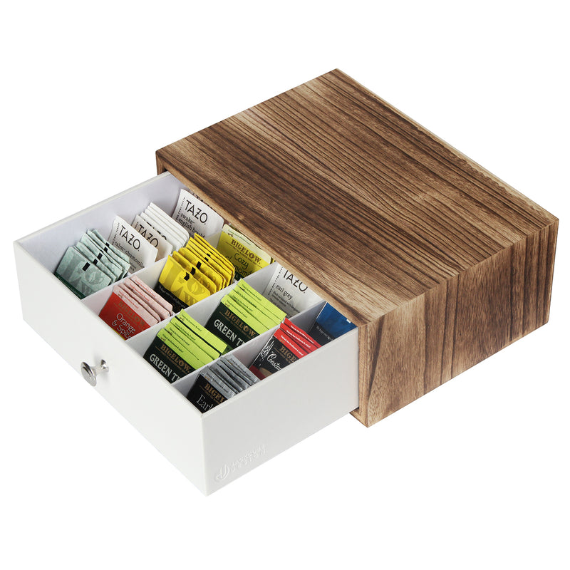 Rustic Wood Tea Bag Storage Box Drawer with 12 Adjustable Comparments