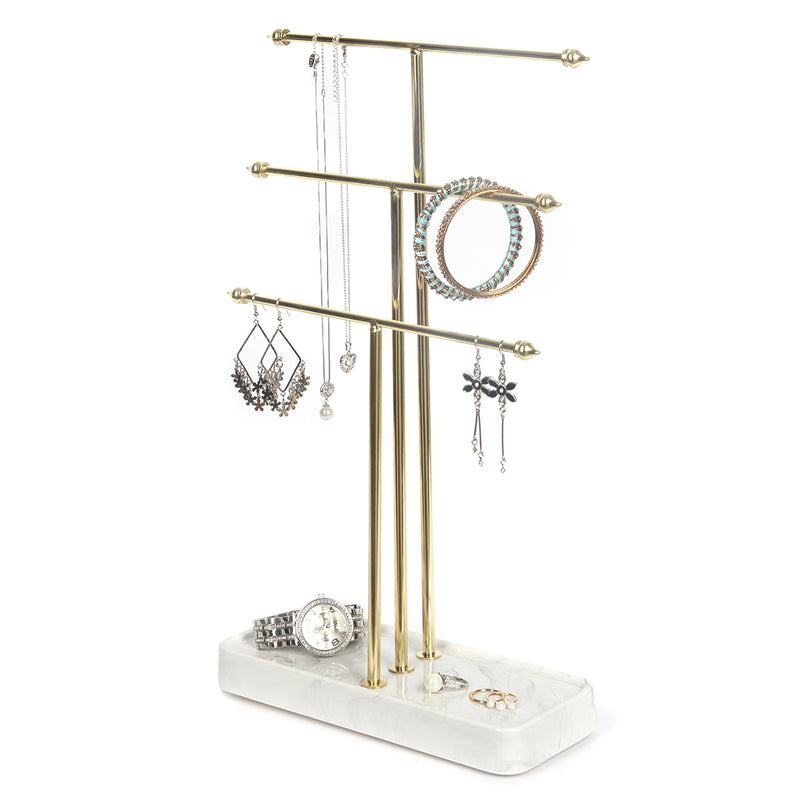 3 Tier Gold Metal Jewelry Display Stand with Marble Tray