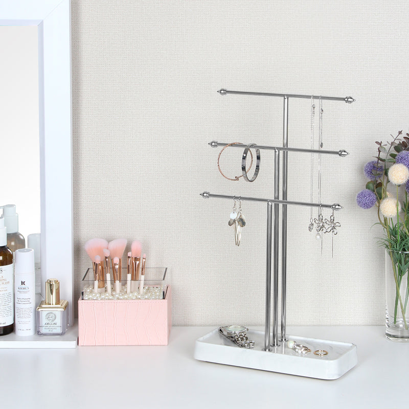 3 Tier Silver Metal Jewelry Display Stand with Marble Tray