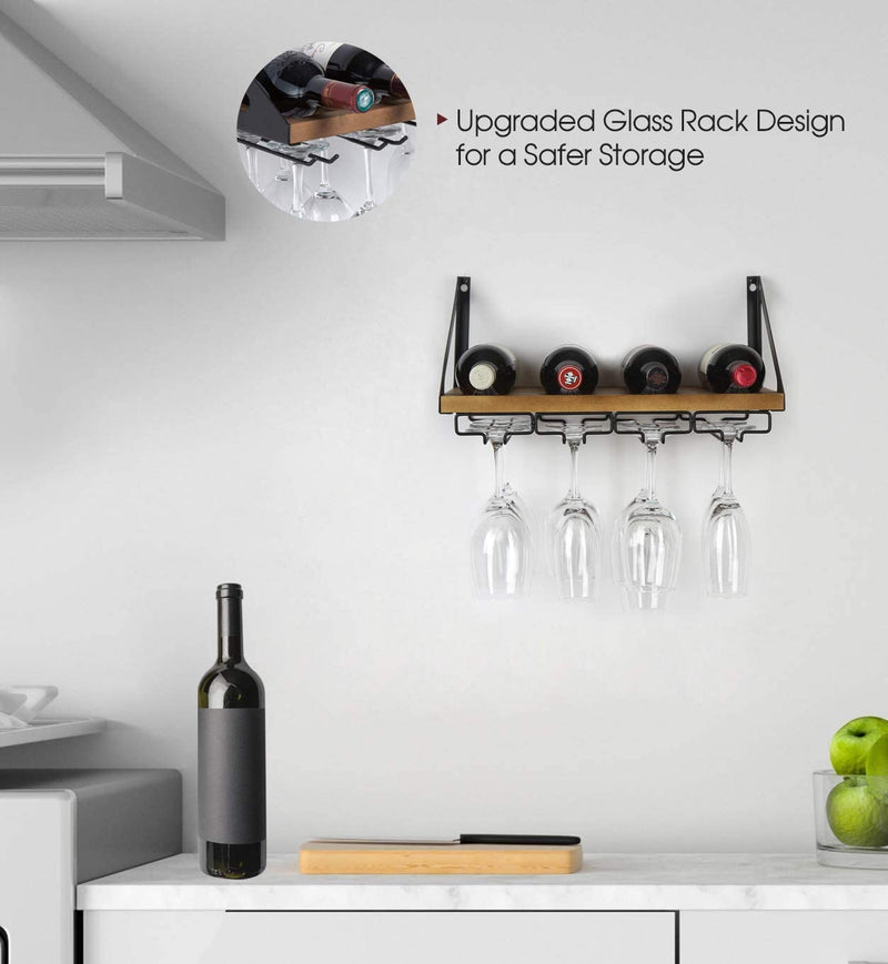 Wall Mount Wine Rack with 4 Metal Wire Glass Holder