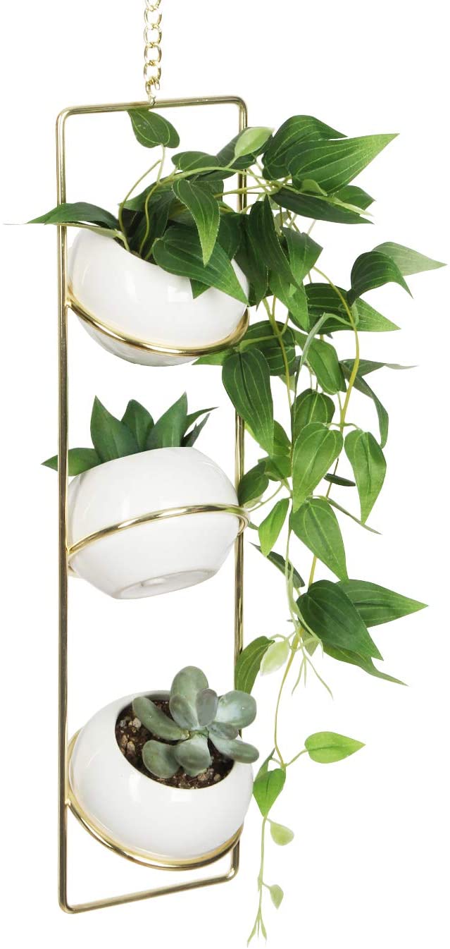 3 Hanging White Ceramic Plant Pot with Gold Metal Hanger