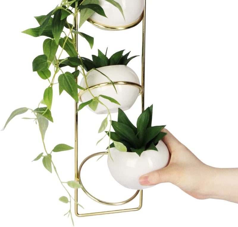 3 Hanging White Ceramic Plant Pot with Gold Metal Hanger
