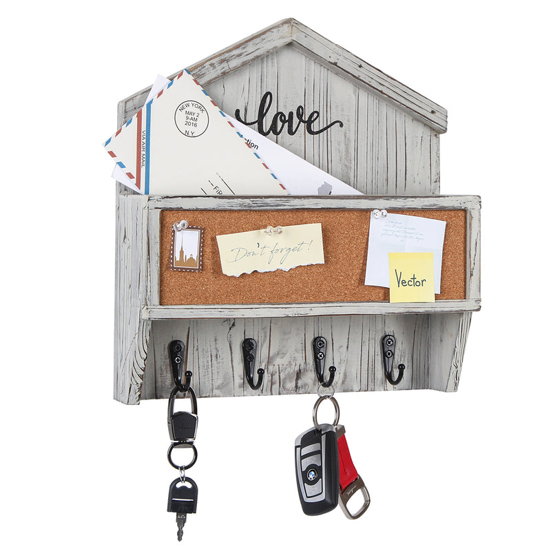 Rustic White Wash Mail and Key Holder with 4 Hooks & Corkboard