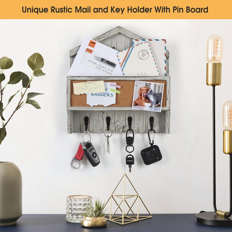 Rustic White Wash Mail and Key Holder with 4 Hooks & Corkboard