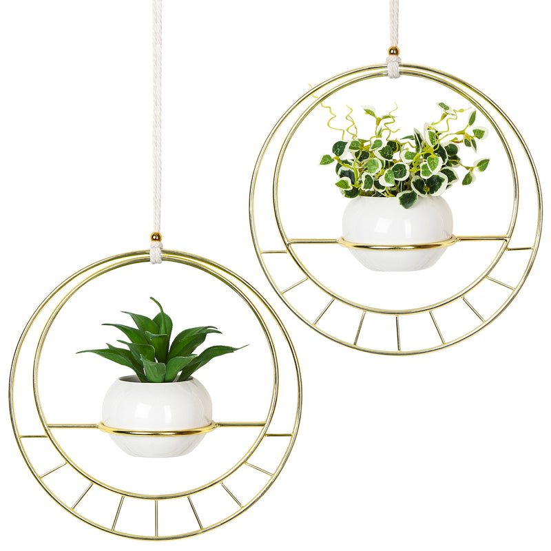 Set of 2 Gold Metal Hanging Planter with Ceramic Pots