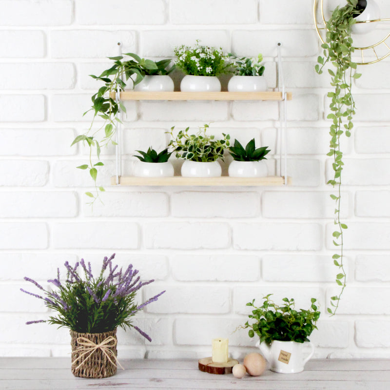 2 Tier Wooden Hanging Planter with Set of 6 Pots