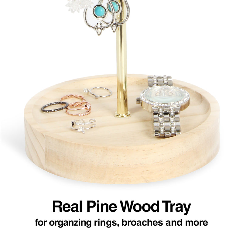Adjustable Gold Jewelry Tree Stand with Round Wooden Tray