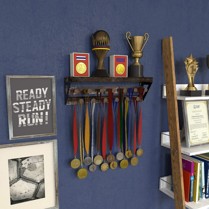 Rustic Trophy Display Shelf with 13 Medal Hangers