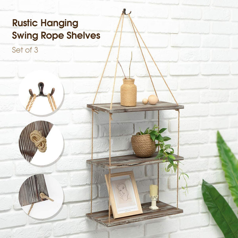 Set of 3 Rustic Wood Rope Hanging Shelves
