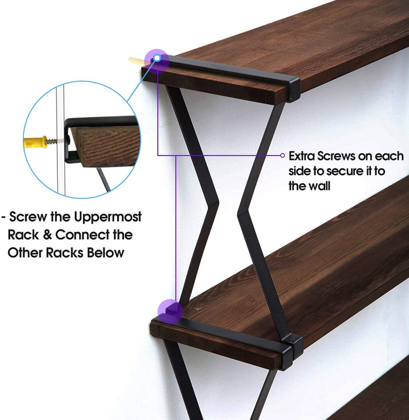 3 Tier Wood Floating Shelves with Zigzag Metal Brackets