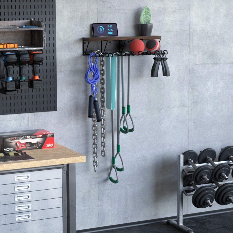 Gym Storage Rack with Wooden Shelf & 9 Hooks