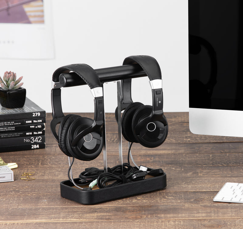 Dual Headphone Holder Stand with Cable Holder Tray