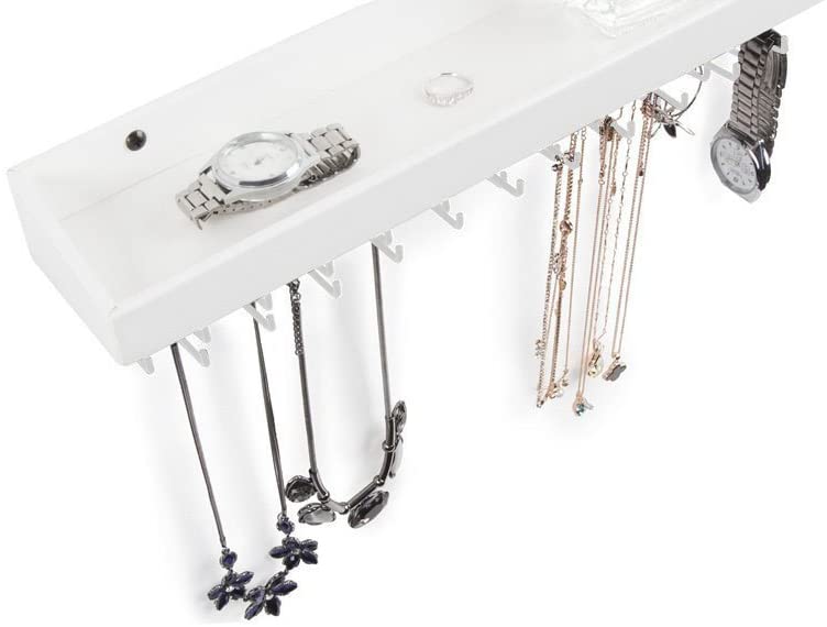 Hanging Jewelry Organizer with 23 Hooks and Shelf (White)