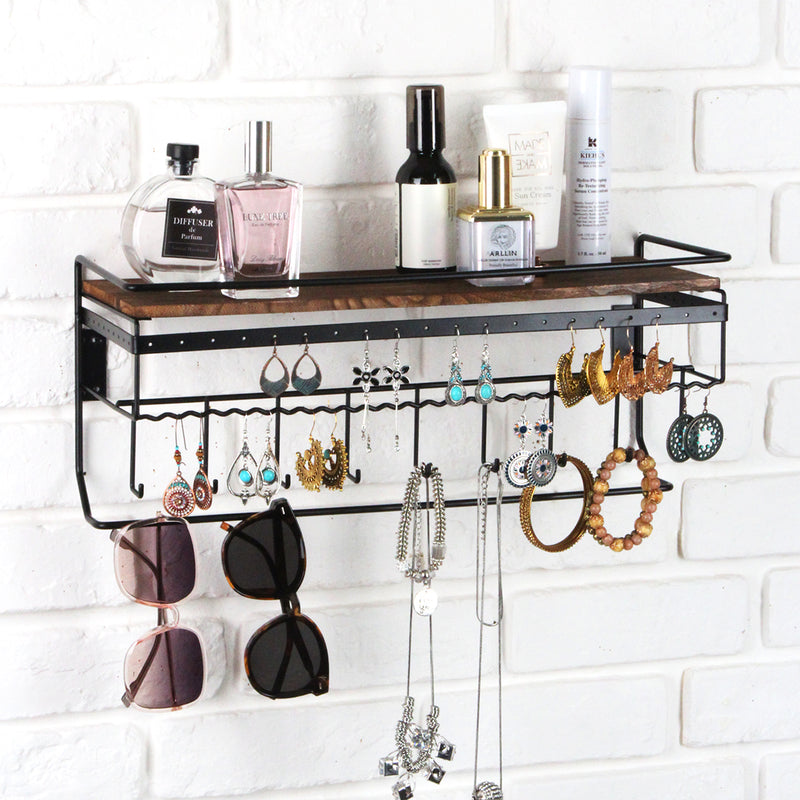 Hanging Jewelry Organizer with 9 Hooks and Toarched Wood Shelf (Black Metal)