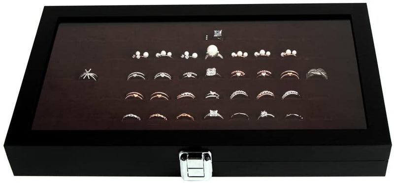 Brown Velvet Ring Display Organizer Storage Box- 72 Ring Slots