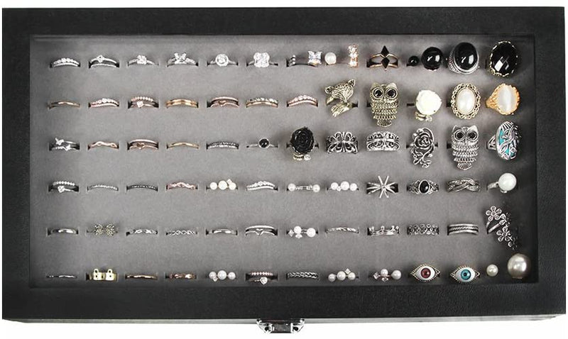 Gray Velvet Ring Display Organizer Storage Box- 72 Ring Slots