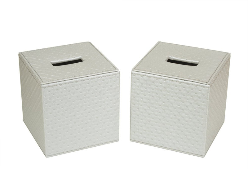 Set of 2 Silver Quilted Faux Leather Square Tissue Box Holder Cover