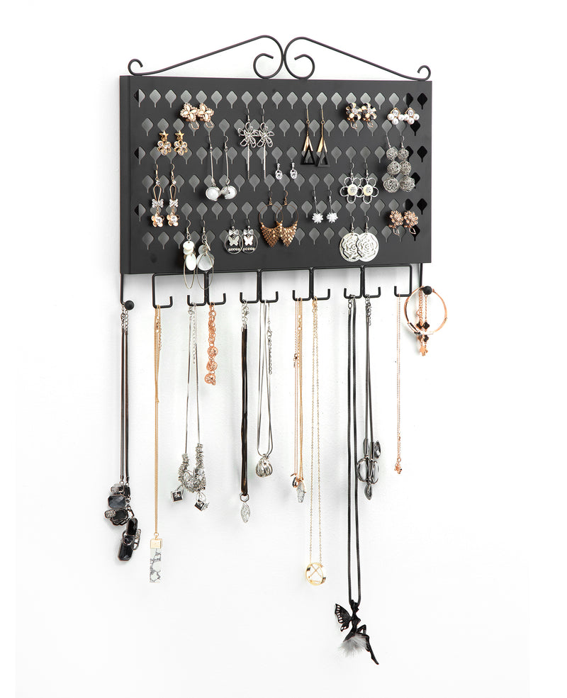 Black Wall Mount Jewelry Organizer with 117 Holes & 12 Hooks
