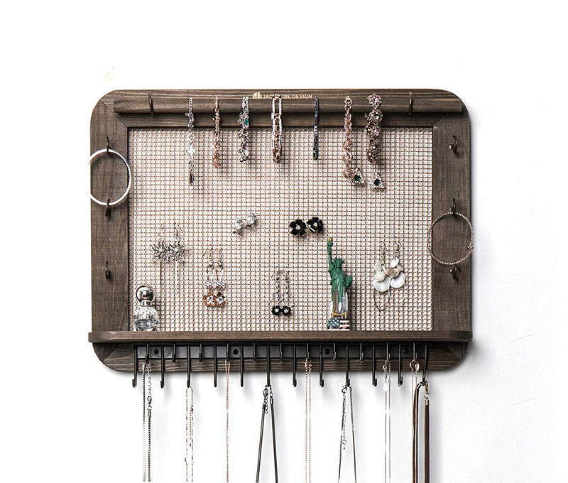 Wall Mounted Rustic Jewelry Hanger with 29 Hooks & Rod