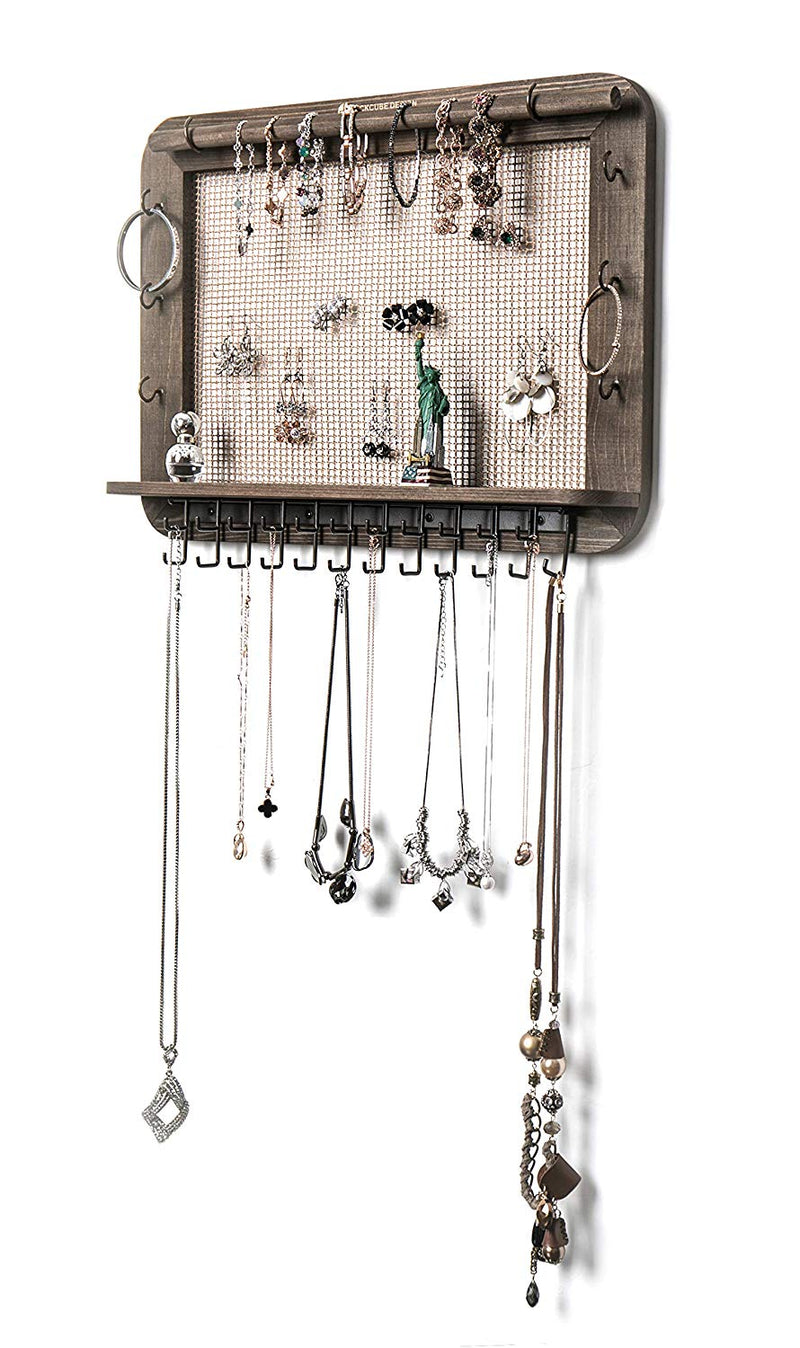 Wall Mounted Rustic Jewelry Hanger with 29 Hooks & Rod