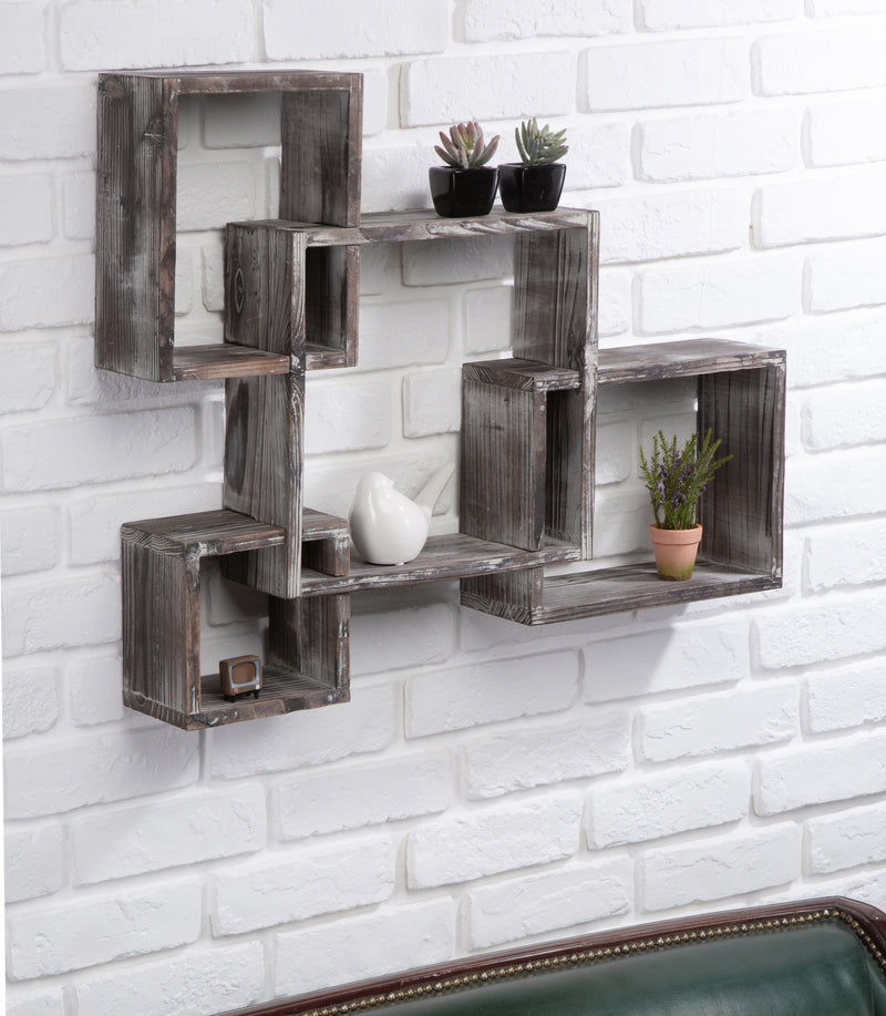 Rustic Wood 4 Cubes Floating Intersecting Wall Shelves