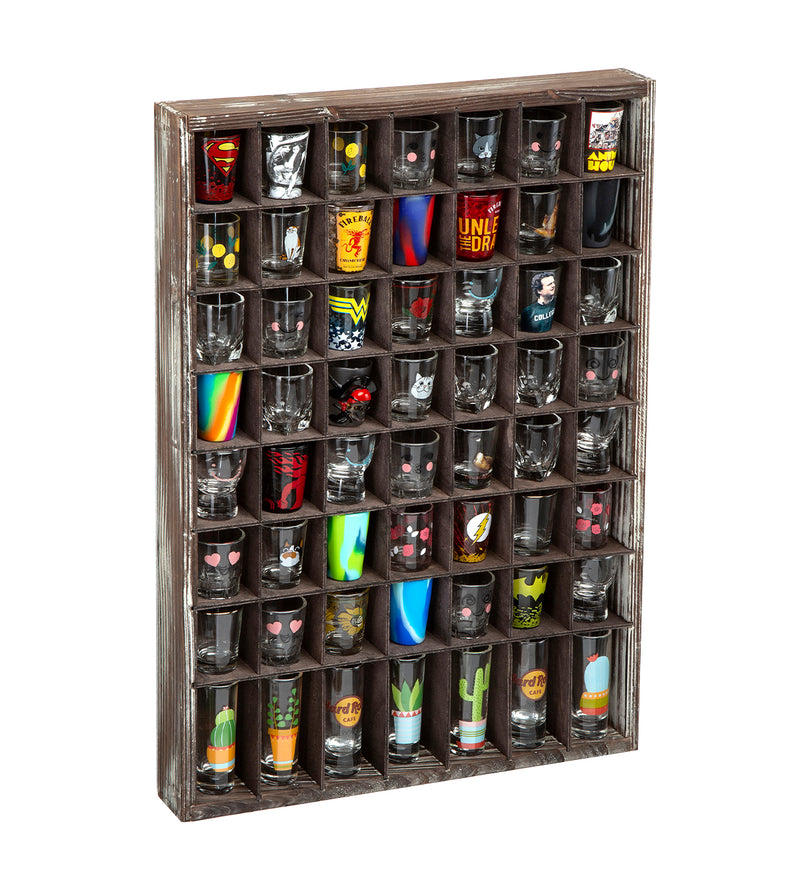 Rustic Wood Shot Glasses Display Case (56 Compartments)
