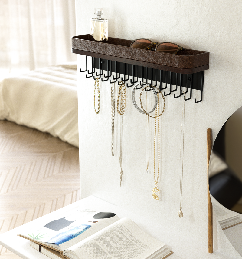 Wall Mount Jewelry Organizer with 25 Hooks and Shelf (Brown)