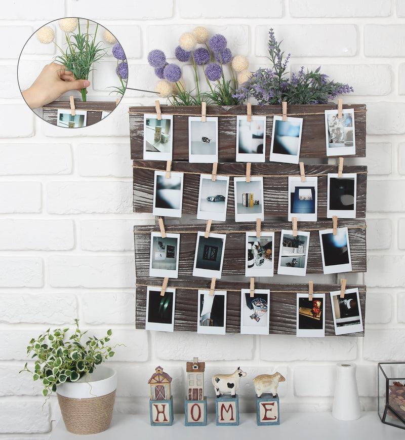 Wall Mount Rustic Wood Clip Photo Holder with 24 Clips