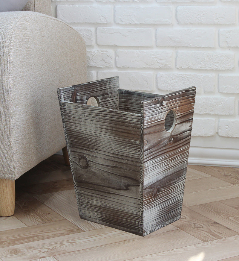 Rustic Wood Wastebasket Bin with Handle