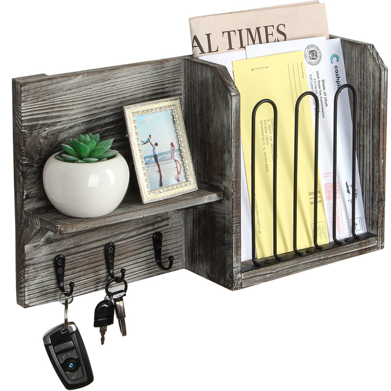 Rustic Wood Key and Mail Holder with 3 Hooks and Shelf