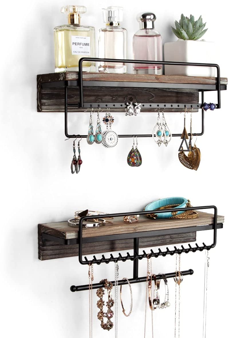 Set of 2 Rustic Wood Jewelry Organizer with Shelf