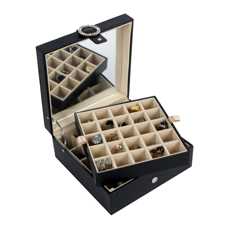 Black Leather Earring Storage Box with 50 Comparments & Mirror Inside