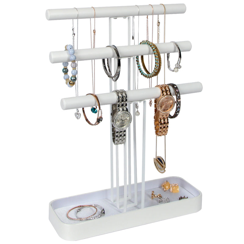 3 Tier Wood Jewelry Display Tree Stand with Leather Tray (White)