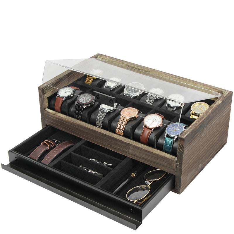Rustic Wood Watch Box with 12 Compartment Slot